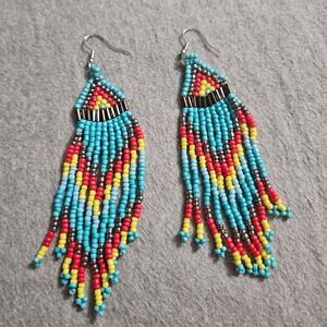Handmade Boho-Style Light Blue Multi Tribal Glass Seed Bead Dangle Earrings